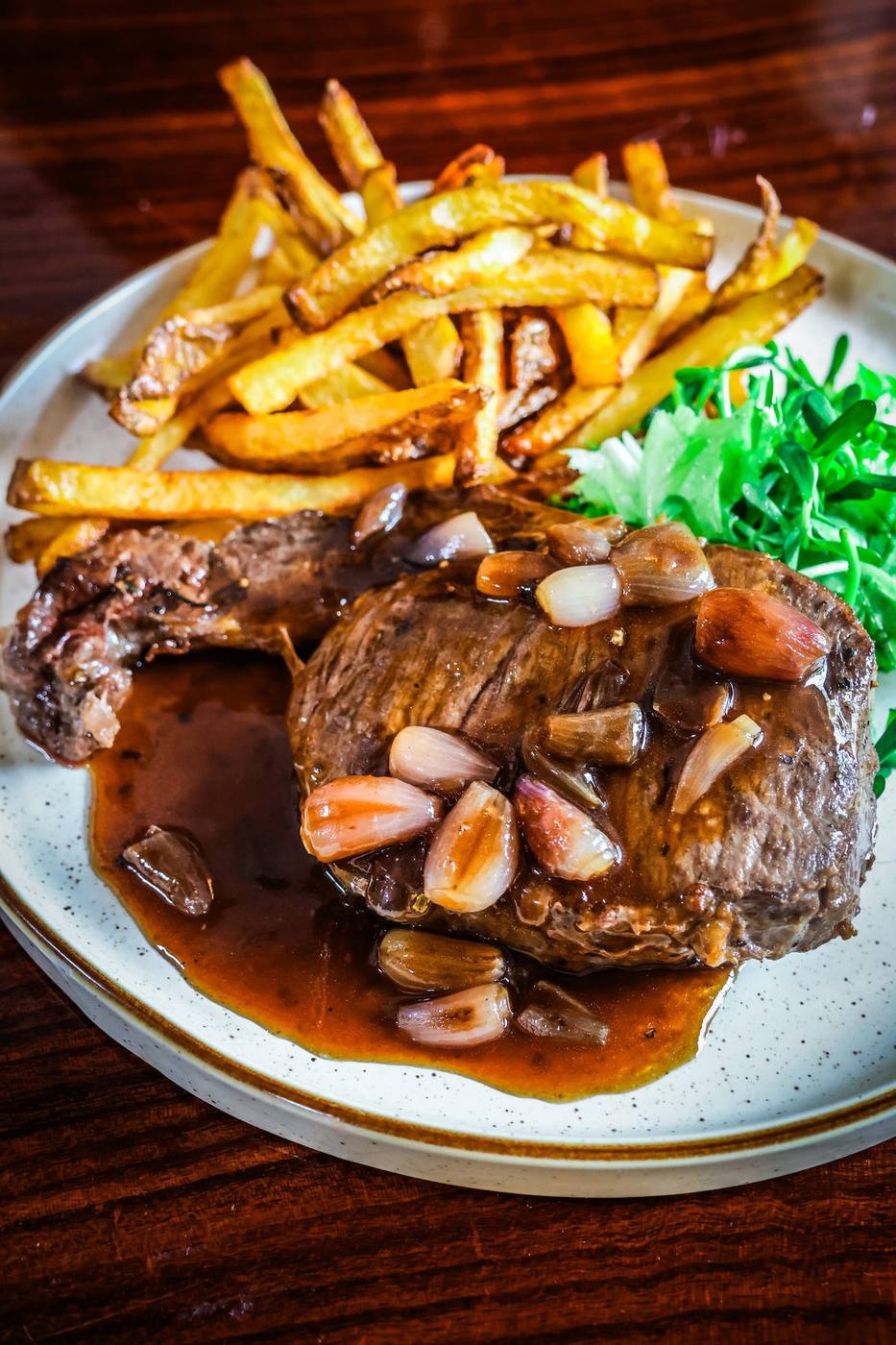 Wagyu rib-eye steak with shallot sauce and homemade fries — Maison Lucien Hội An